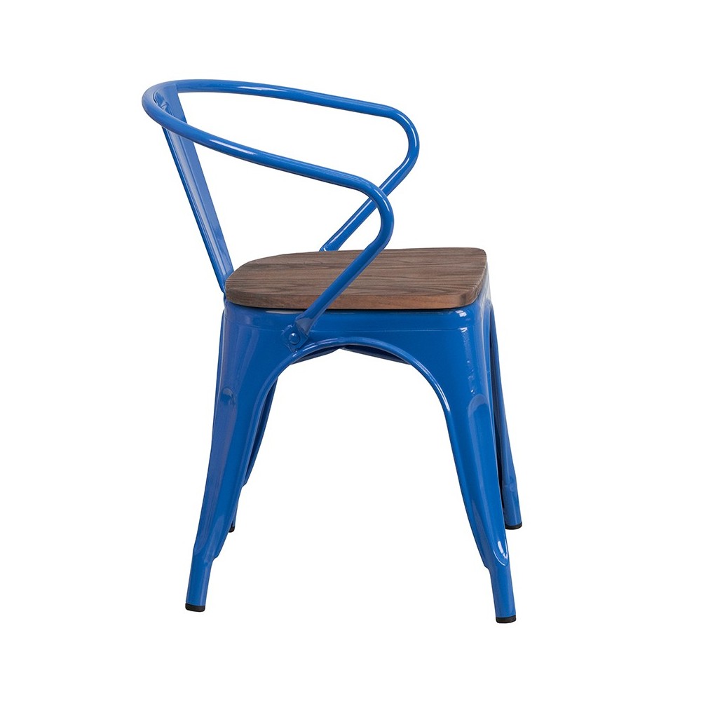 Blue Metal Chair with Wood Seat and Arms