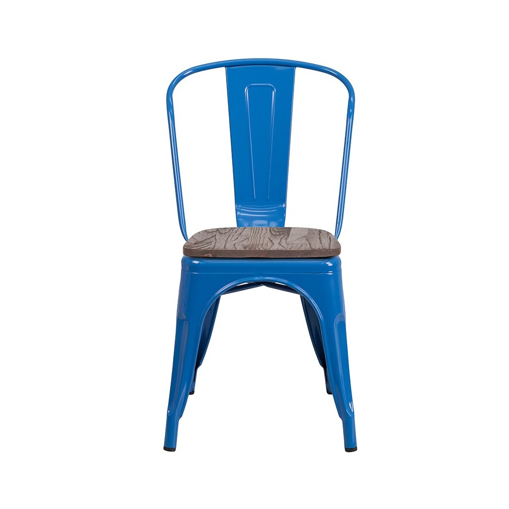 Blue Metal Stackable Chair with Wood Seat
