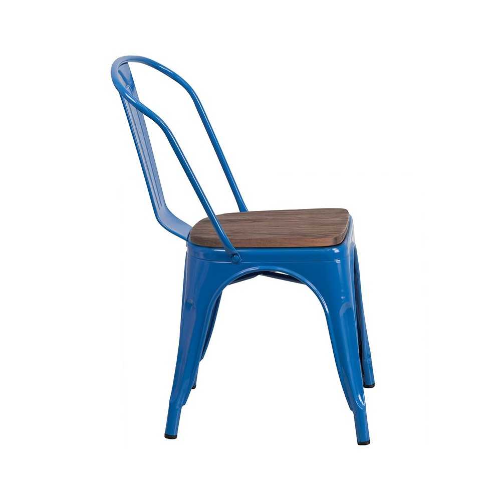 Blue Metal Stackable Chair with Wood Seat
