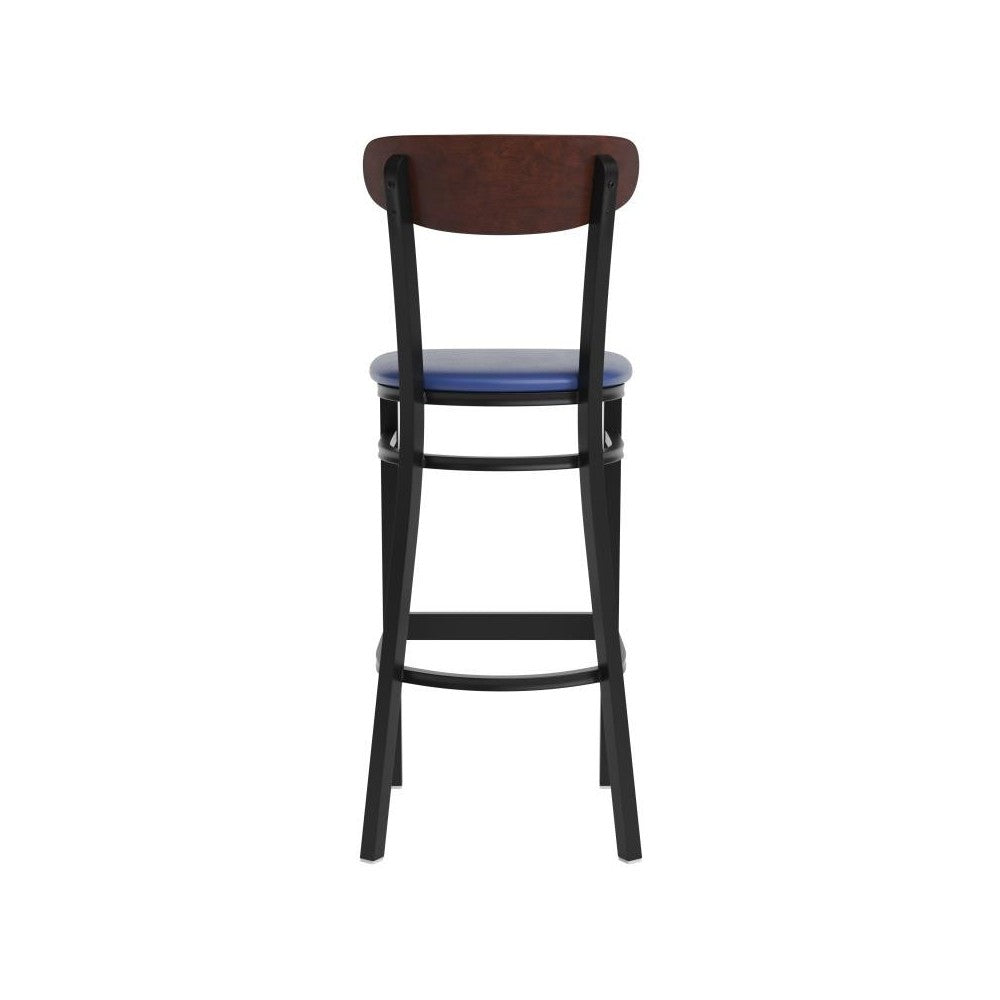 Blue Vinyl/Wood Back Barstool