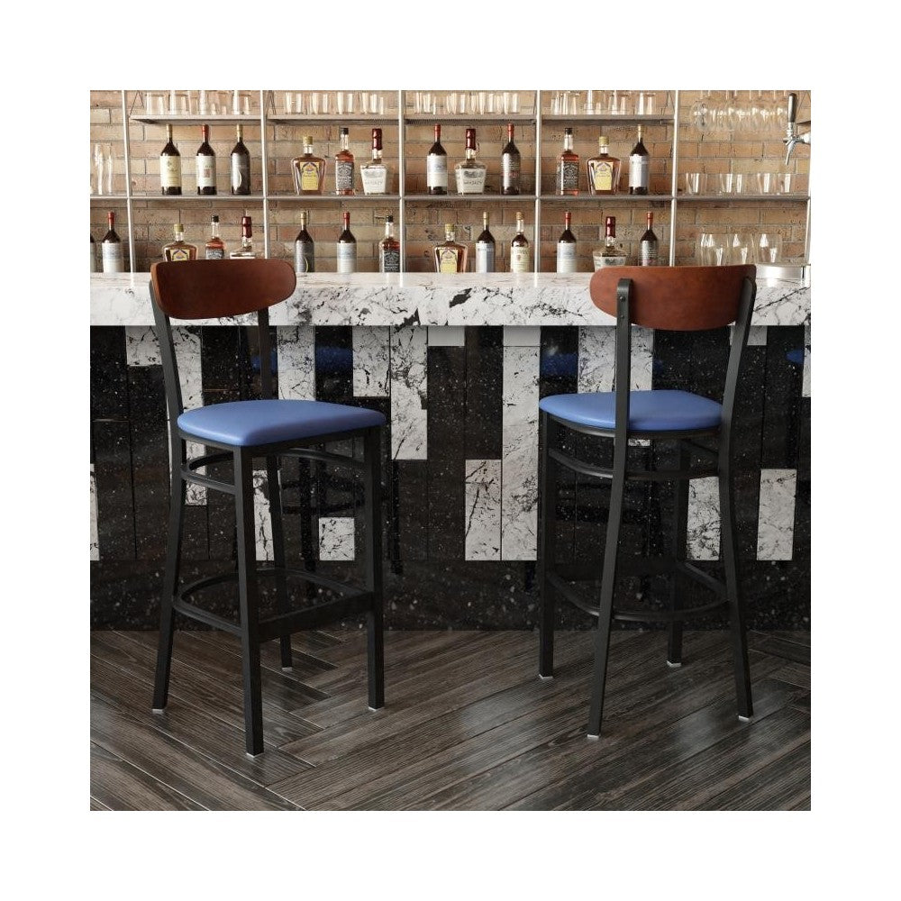Blue Vinyl/Wood Back Barstool