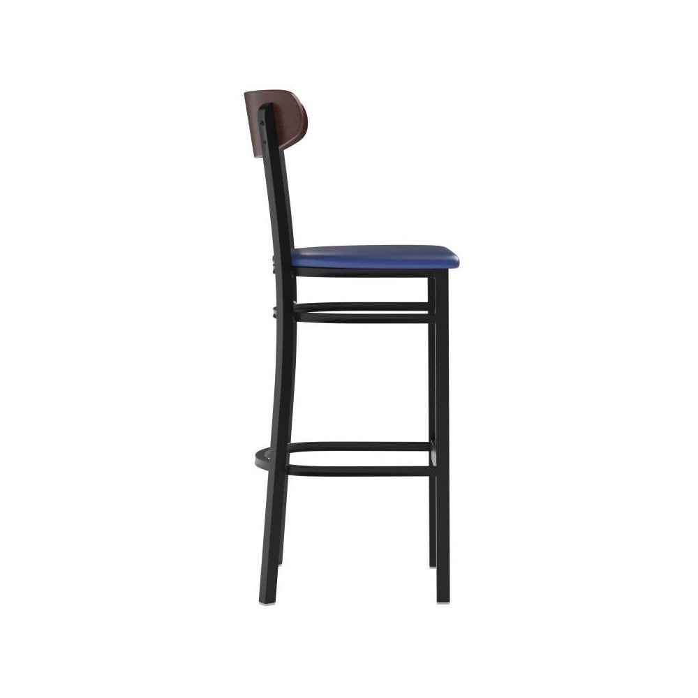 Blue Vinyl/Wood Back Barstool