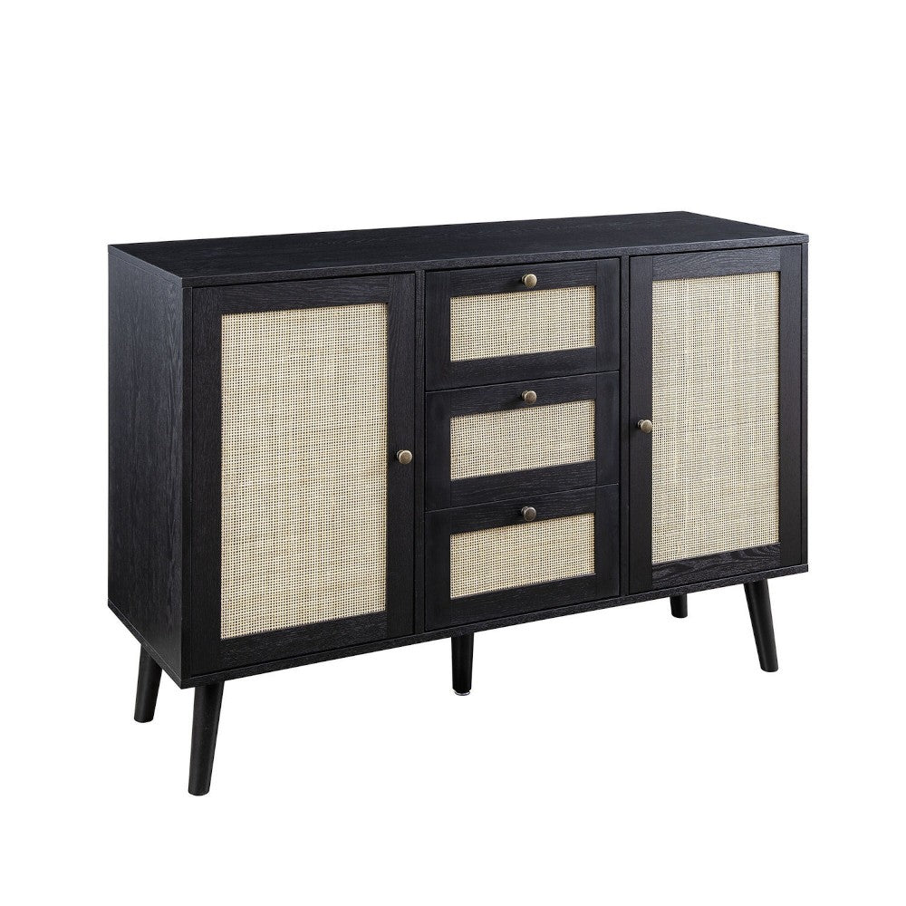Boho 3 Drawer Solid Wood and Rattan Sideboard - Black