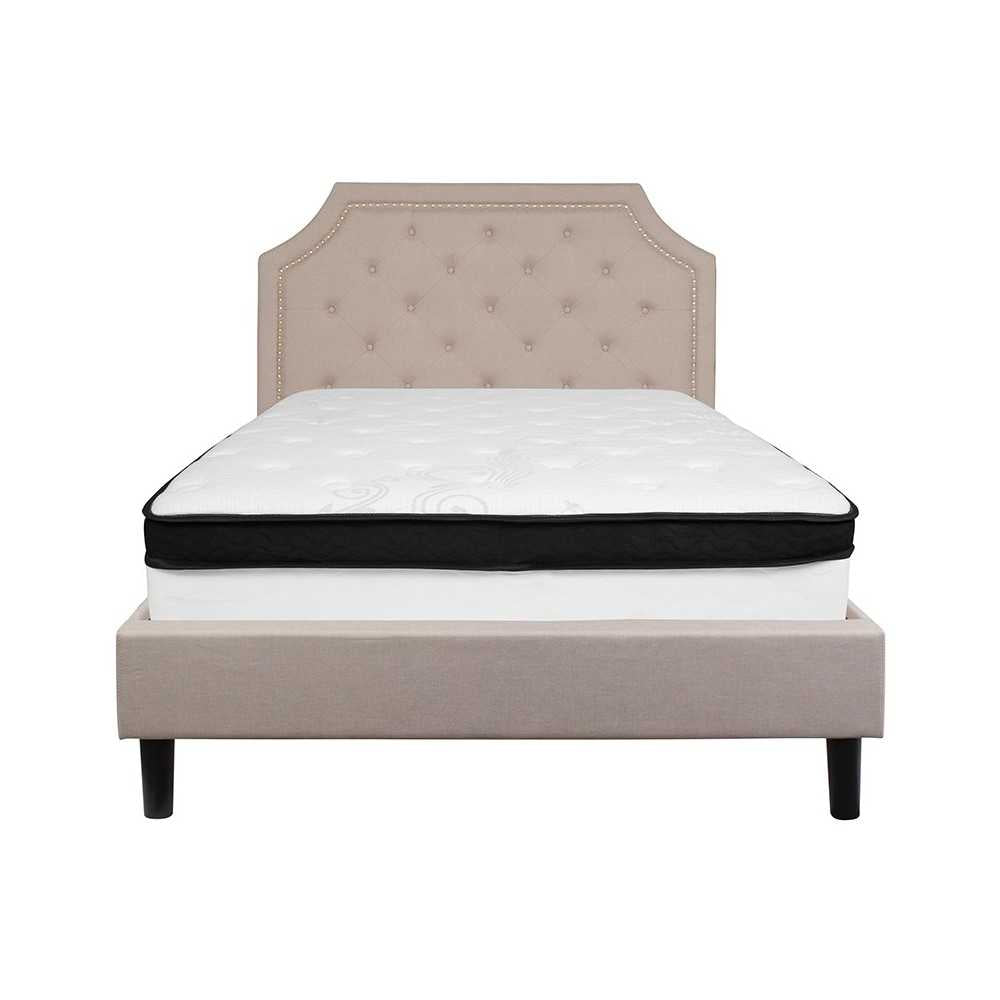 Brighton Full Size Tufted Upholstered Platform Bed in Beige Fabric with Memory Foam Mattress