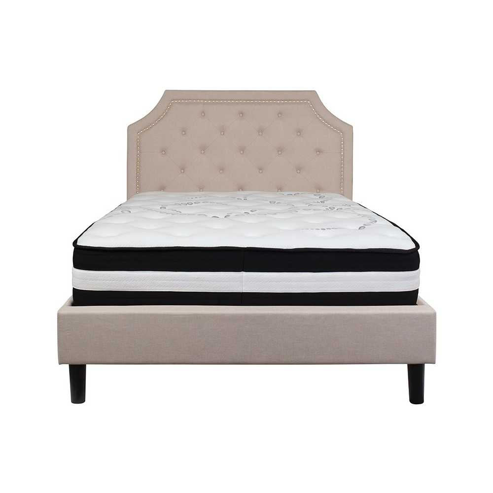 Brighton Full Size Tufted Upholstered Platform Bed in Beige Fabric with Pocket Spring Mattress