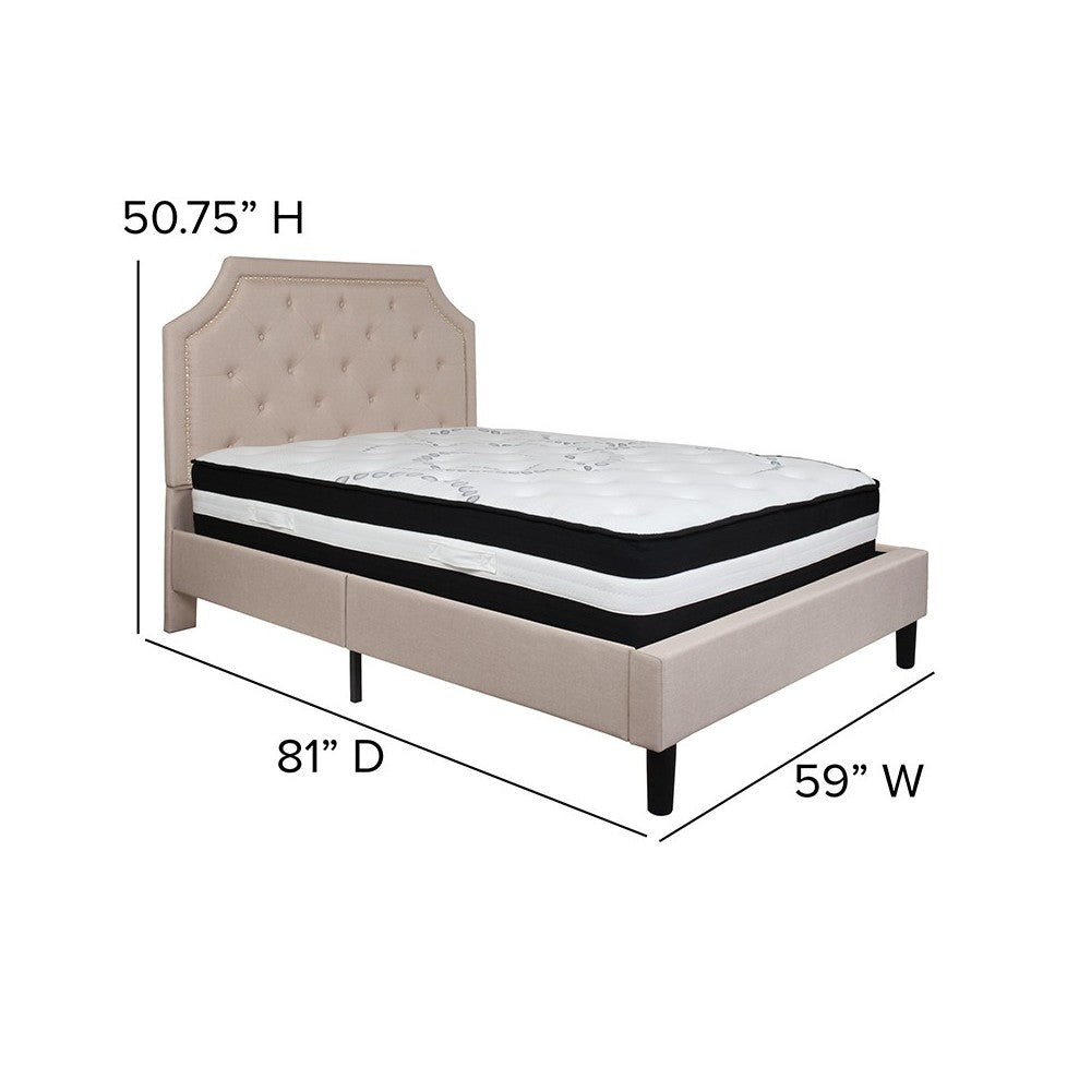Brighton Full Size Tufted Upholstered Platform Bed in Beige Fabric with Pocket Spring Mattress