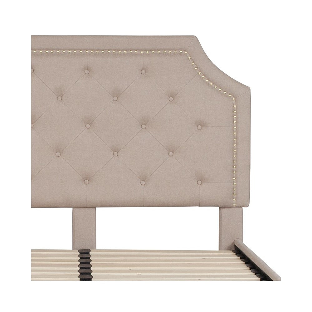 Brighton Full Size Tufted Upholstered Platform Bed in Beige Fabric