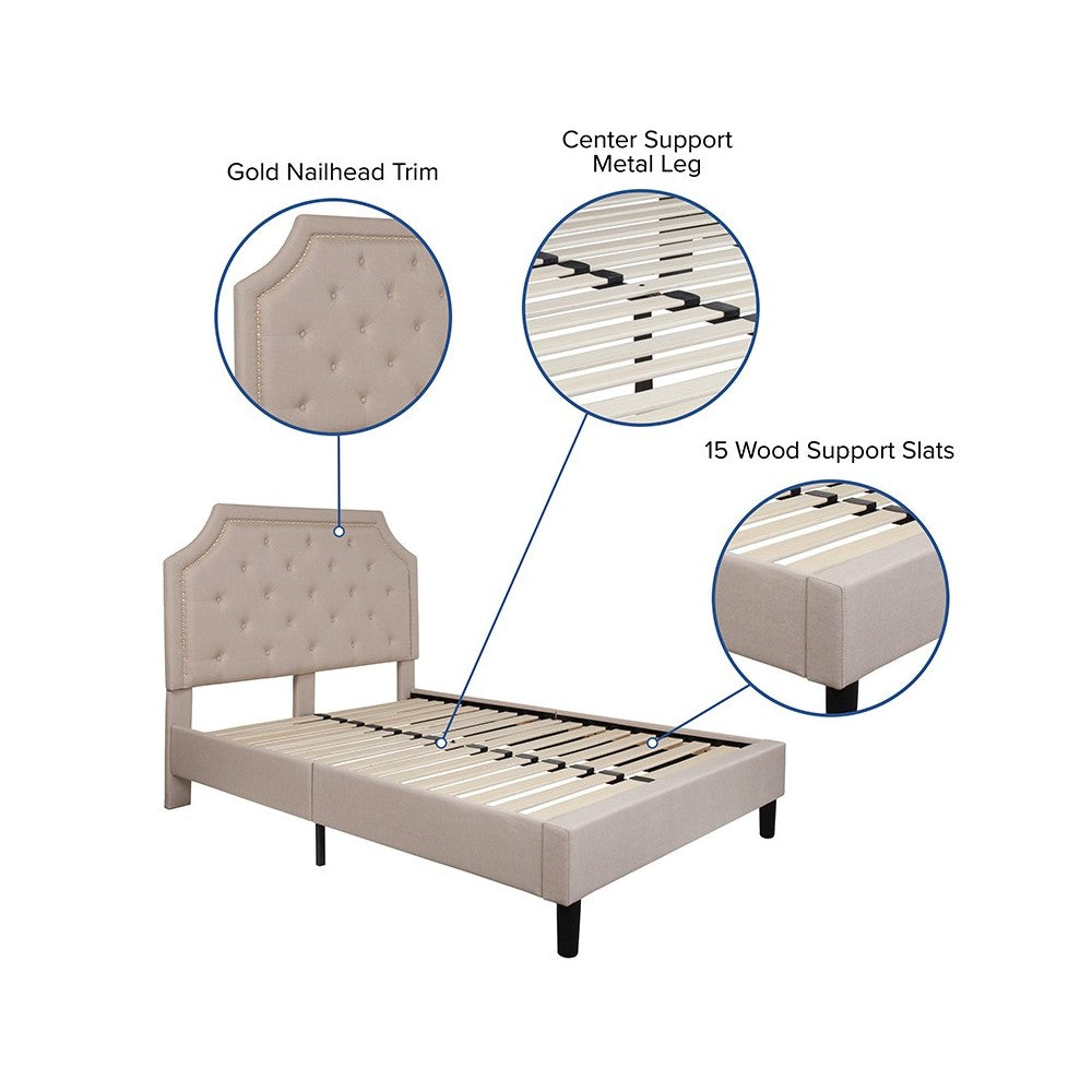 Brighton Full Size Tufted Upholstered Platform Bed in Beige Fabric