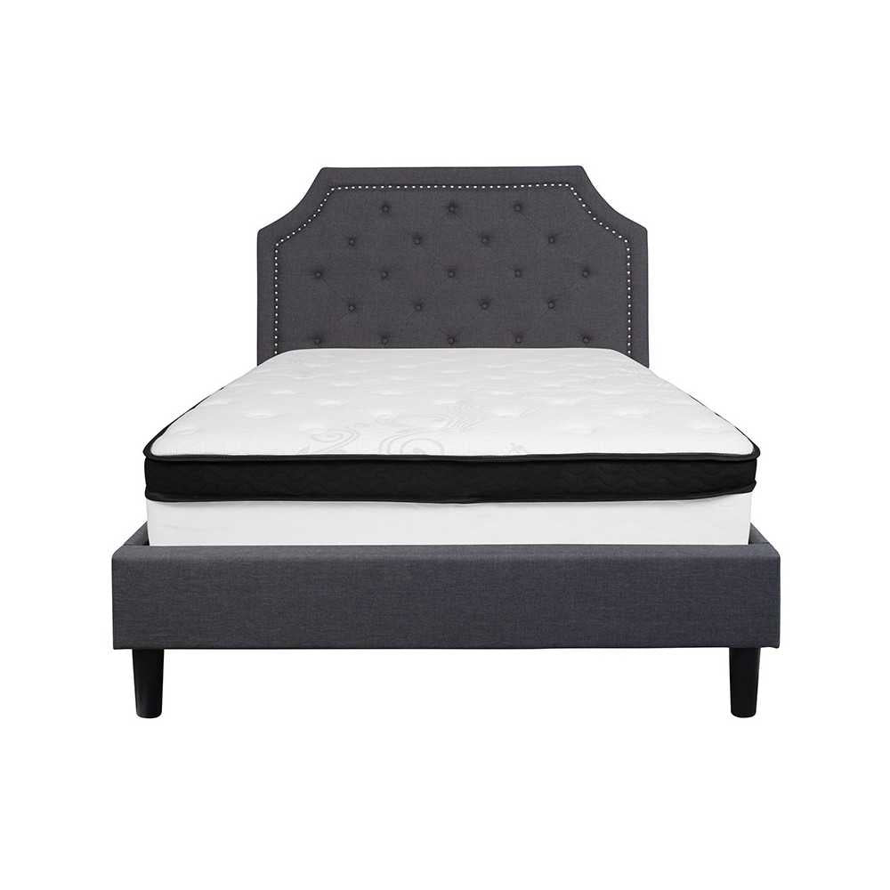 Brighton Full Size Tufted Upholstered Platform Bed in Dark Gray Fabric with Memory Foam Mattress