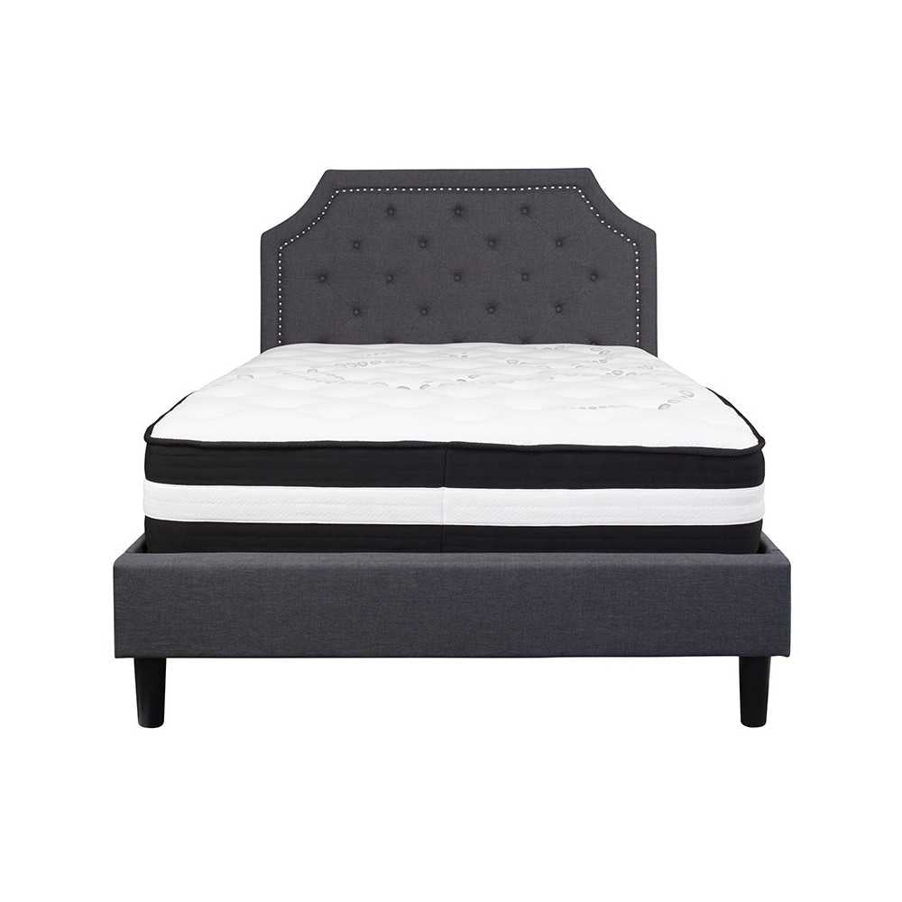 Brighton Full Size Tufted Upholstered Platform Bed in Dark Gray Fabric with Pocket Spring Mattress