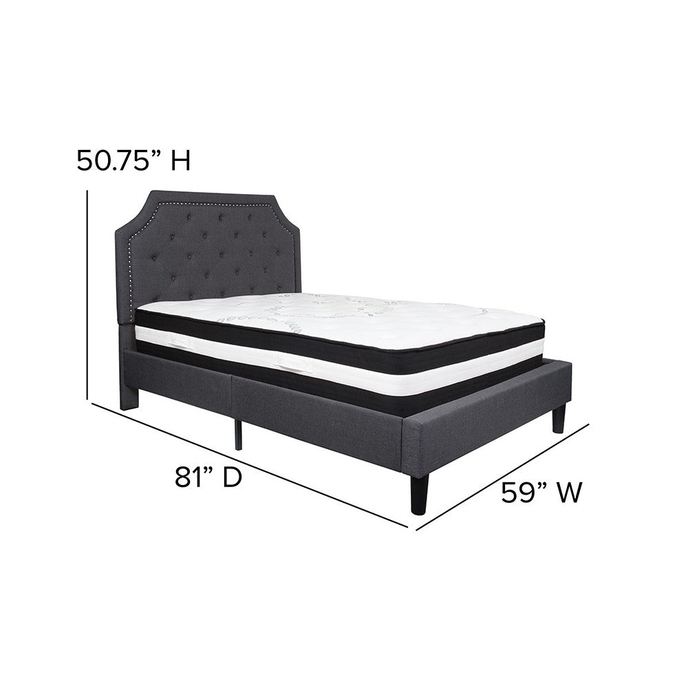 Brighton Full Size Tufted Upholstered Platform Bed in Dark Gray Fabric with Pocket Spring Mattress