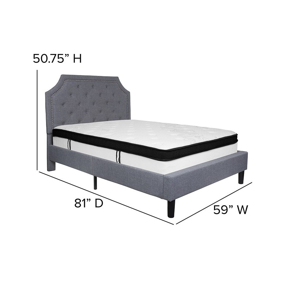 Brighton Full Size Tufted Upholstered Platform Bed in Light Gray Fabric with Memory Foam Mattress