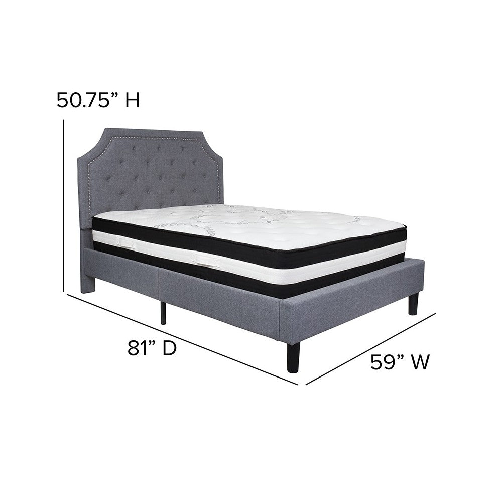 Brighton Full Size Tufted Upholstered Platform Bed in Light Gray Fabric with Pocket Spring Mattress