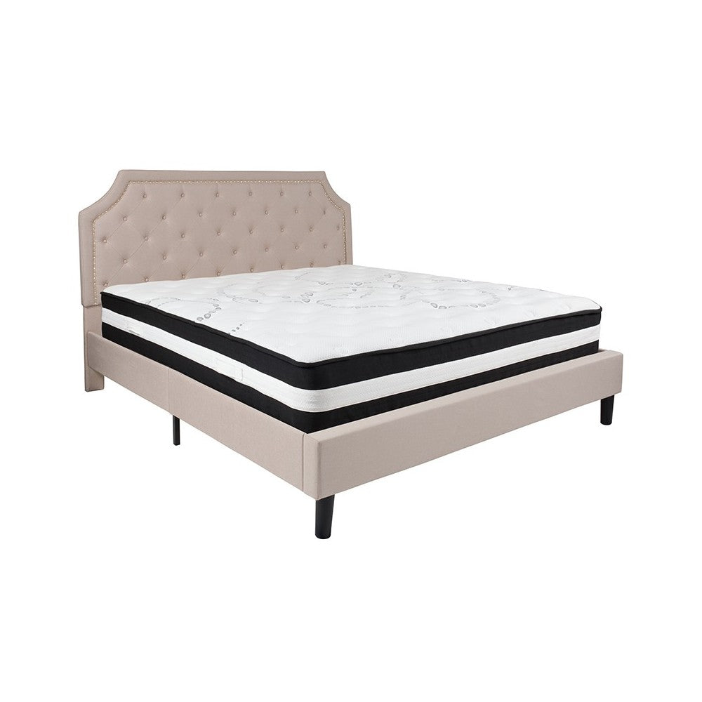 Brighton King Size Tufted Upholstered Platform Bed in Beige Fabric with Pocket Spring Mattress