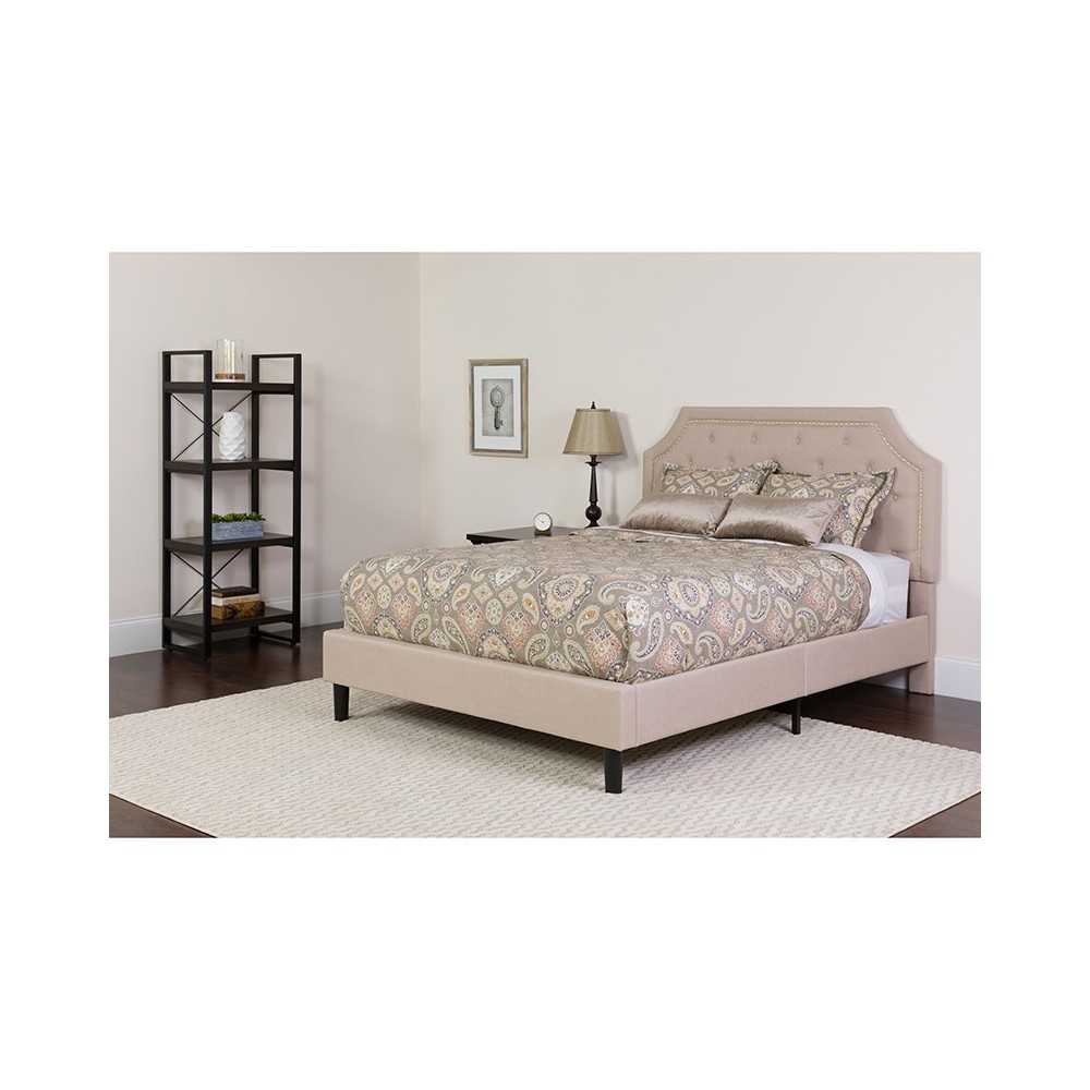 Brighton King Size Tufted Upholstered Platform Bed in Beige Fabric with Pocket Spring Mattress