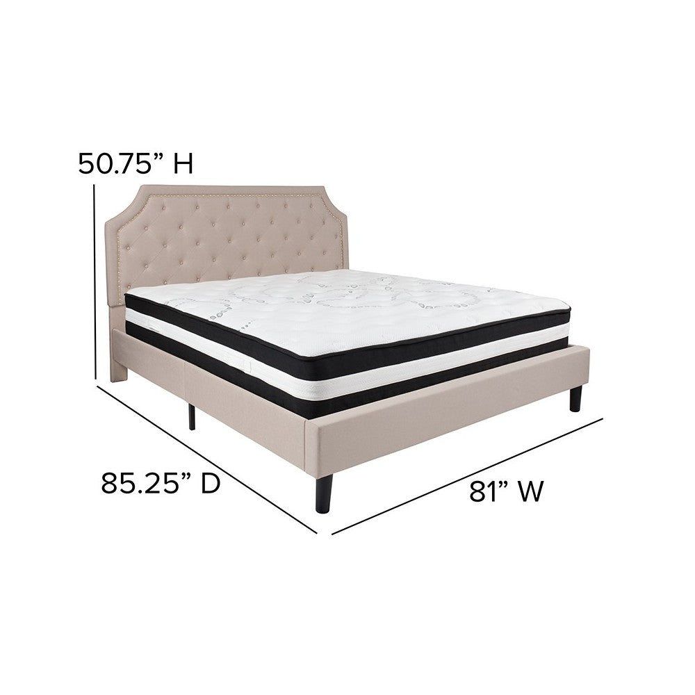 Brighton King Size Tufted Upholstered Platform Bed in Beige Fabric with Pocket Spring Mattress