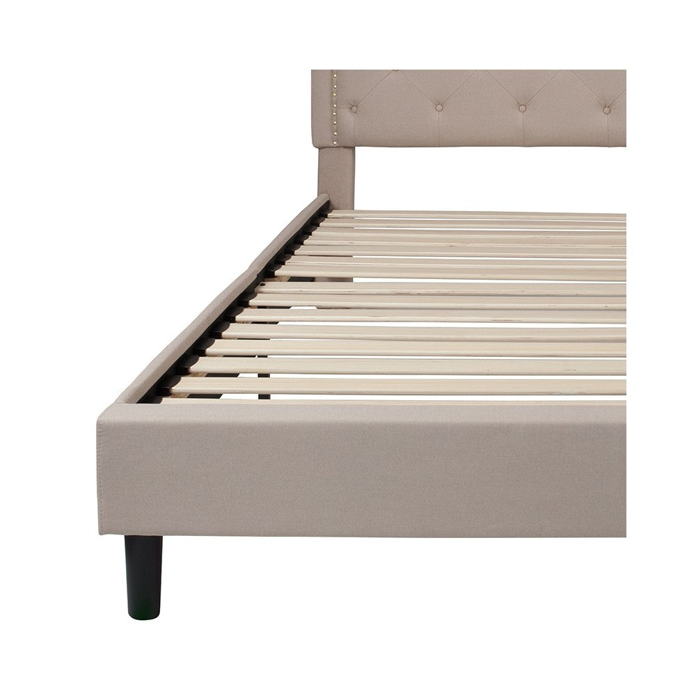 Brighton King Size Tufted Upholstered Platform Bed in Beige Fabric