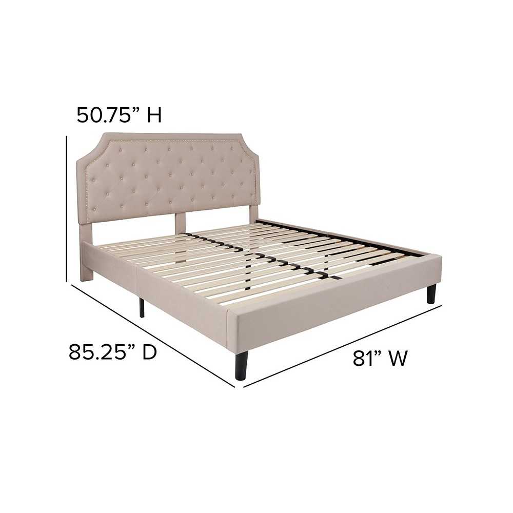 Brighton King Size Tufted Upholstered Platform Bed in Beige Fabric