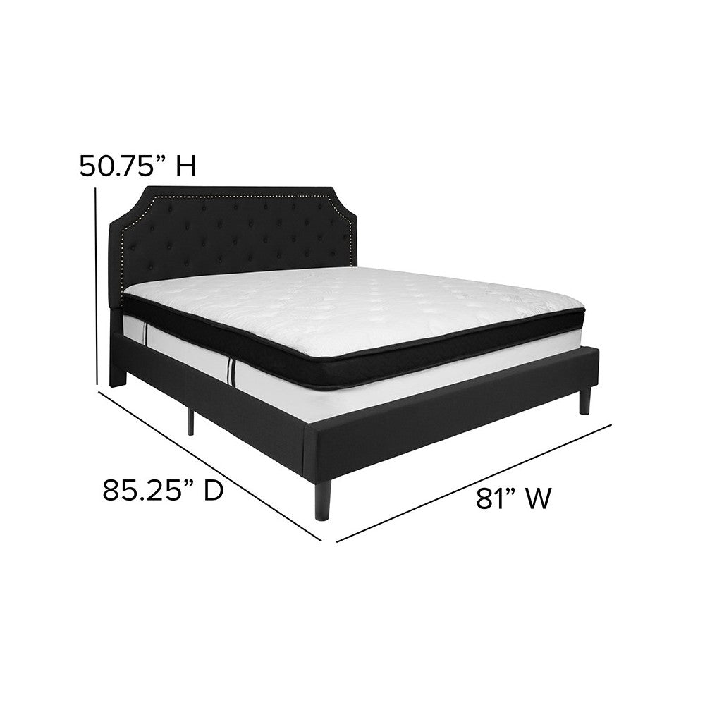 Brighton King Size Tufted Upholstered Platform Bed in Black Fabric with Memory Foam Mattress