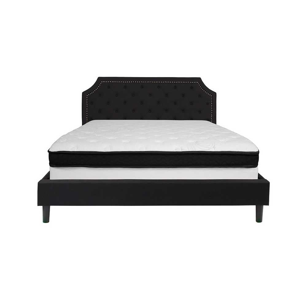 Brighton King Size Tufted Upholstered Platform Bed in Black Fabric with Memory Foam Mattress