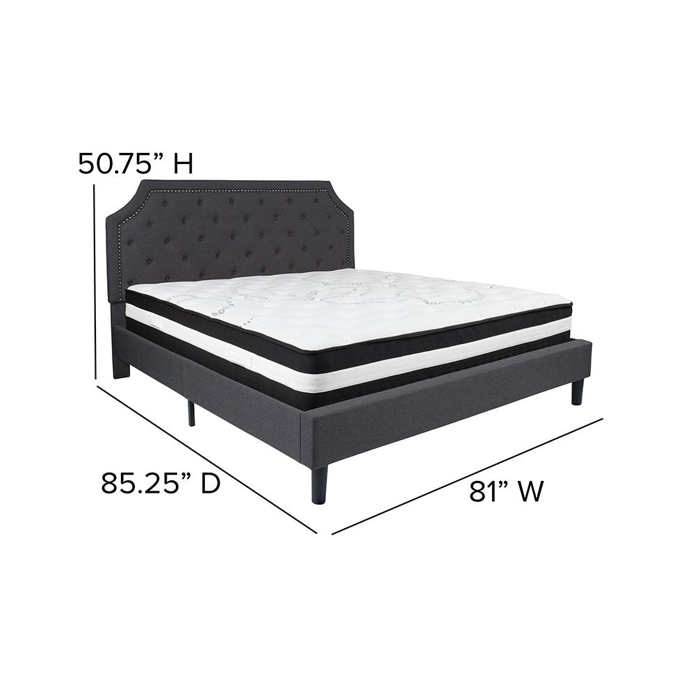 Brighton King Size Tufted Upholstered Platform Bed in Dark Gray Fabric with Pocket Spring Mattress