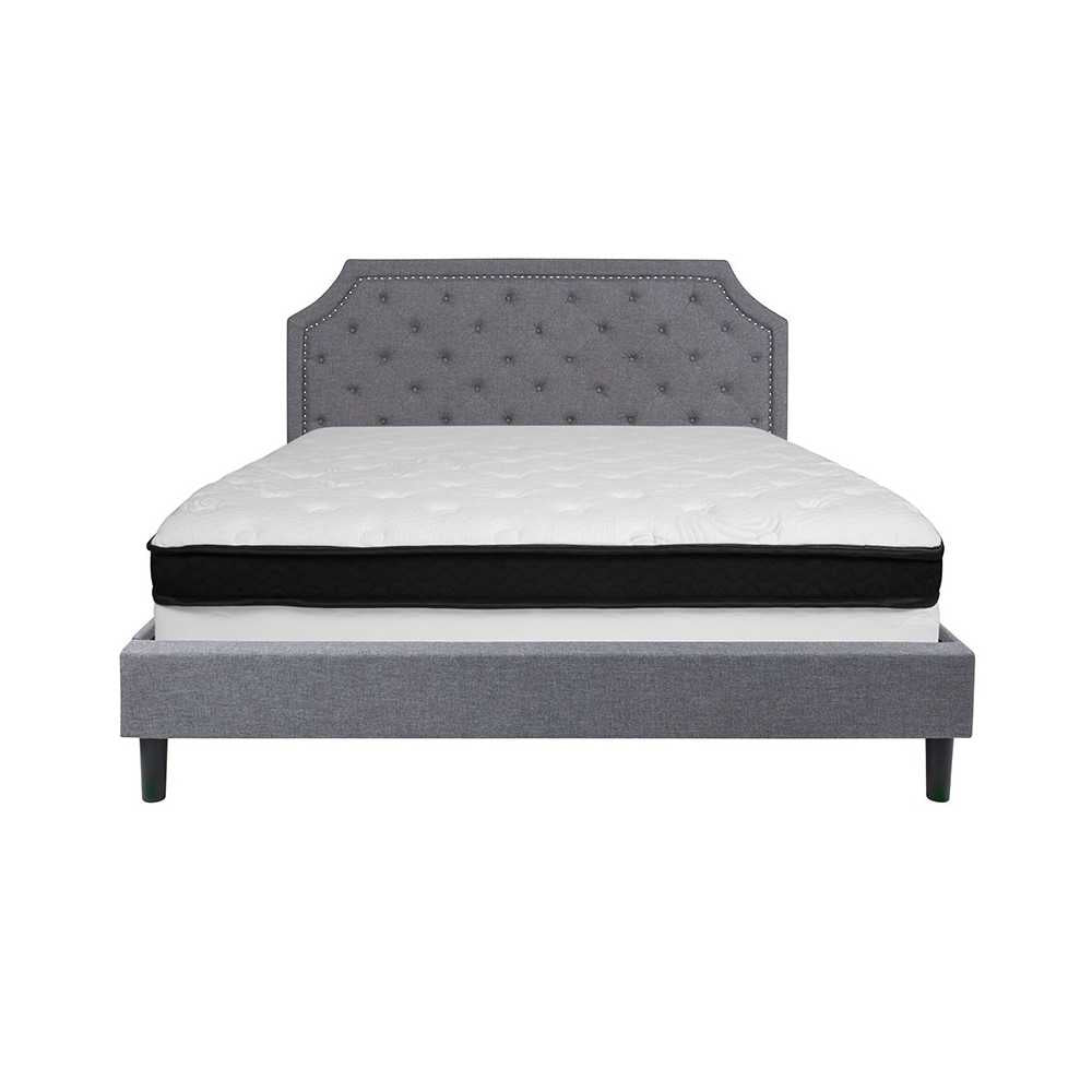 Brighton King Size Tufted Upholstered Platform Bed in Light Gray Fabric with Memory Foam Mattress