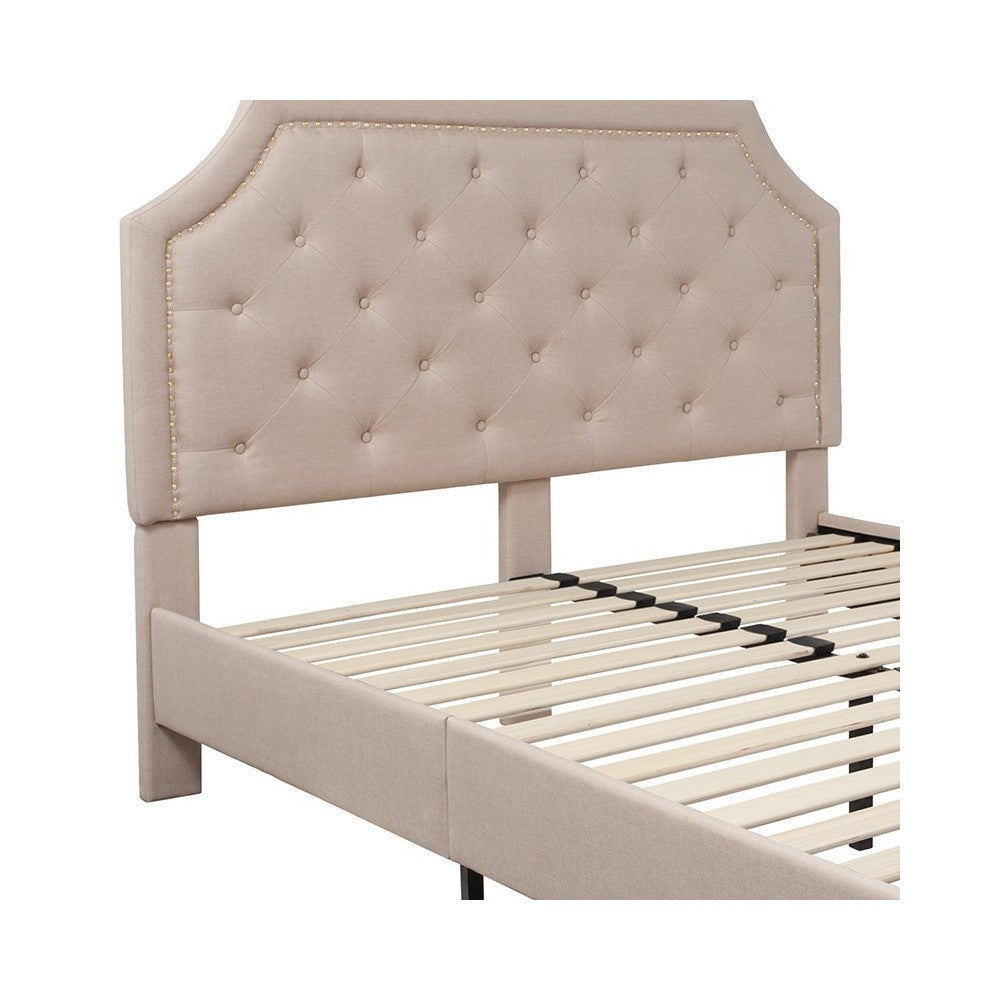 Brighton Queen Size Tufted Upholstered Platform Bed in Beige Fabric