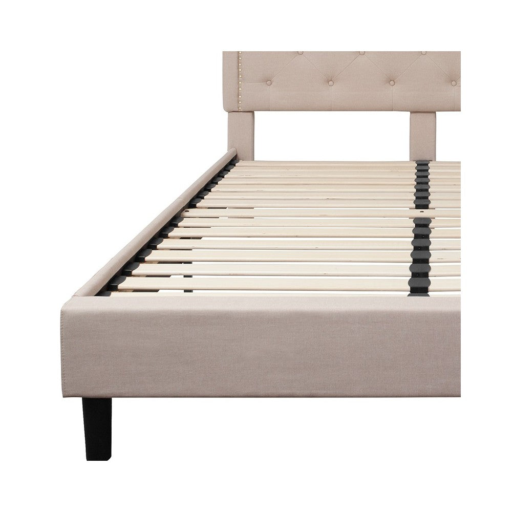 Brighton Queen Size Tufted Upholstered Platform Bed in Beige Fabric