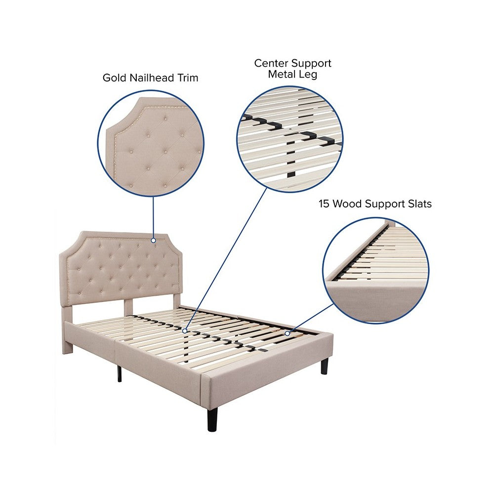 Brighton Queen Size Tufted Upholstered Platform Bed in Beige Fabric