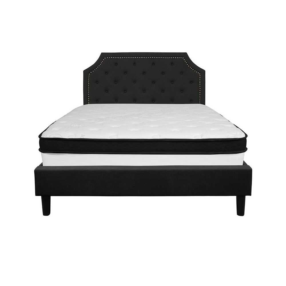 Brighton Queen Size Tufted Upholstered Platform Bed in Black Fabric with Memory Foam Mattress