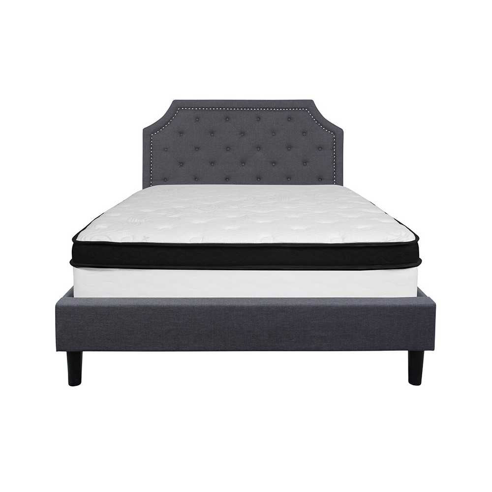 Brighton Queen Size Tufted Upholstered Platform Bed in Dark Gray Fabric with Memory Foam Mattress