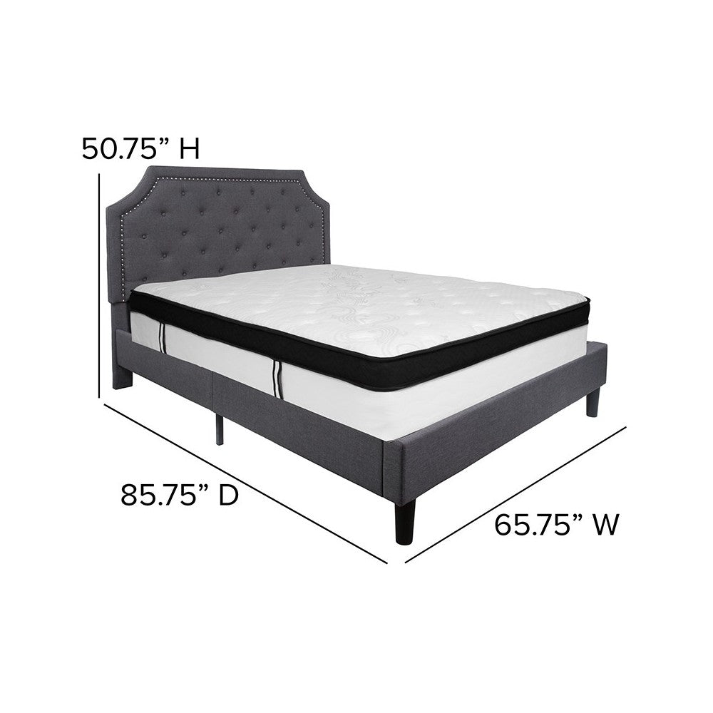 Brighton Queen Size Tufted Upholstered Platform Bed in Dark Gray Fabric with Memory Foam Mattress