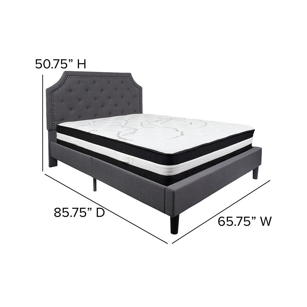 Brighton Queen Size Tufted Upholstered Platform Bed in Dark Gray Fabric with Pocket Spring Mattress