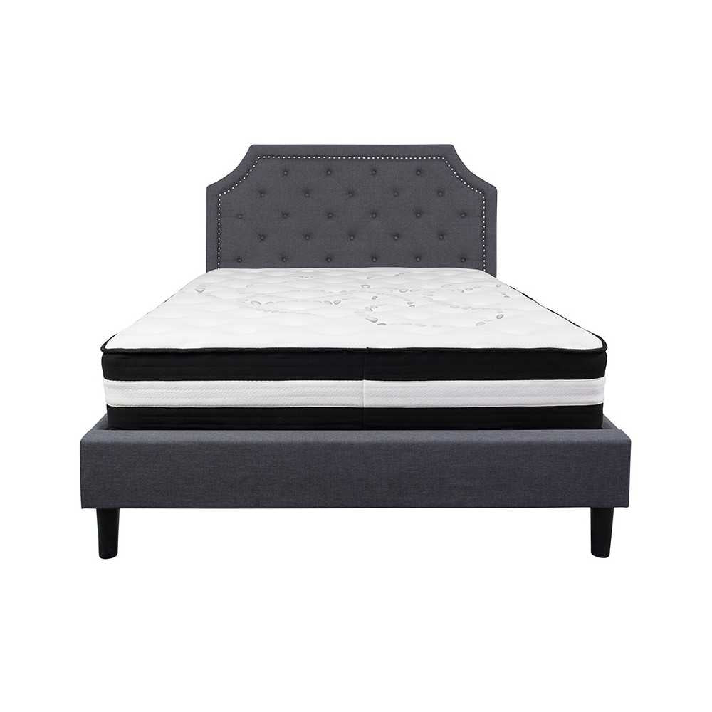 Brighton Queen Size Tufted Upholstered Platform Bed in Dark Gray Fabric with Pocket Spring Mattress
