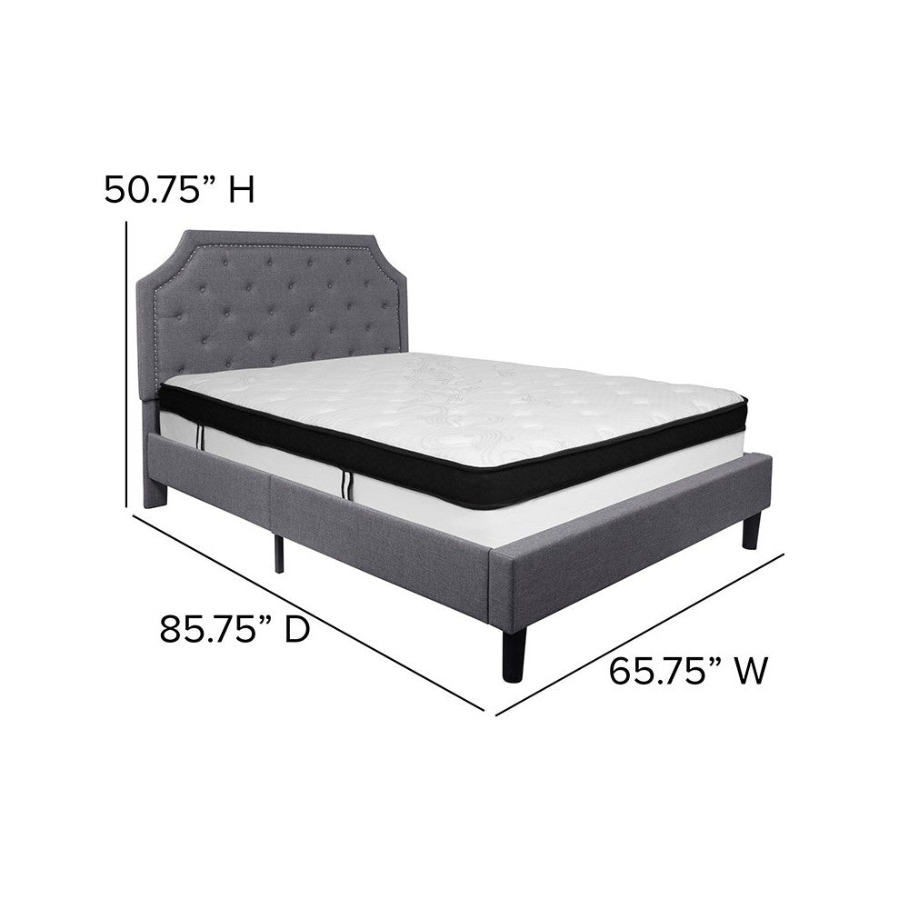 Brighton Queen Size Tufted Upholstered Platform Bed in Light Gray Fabric with Memory Foam Mattress