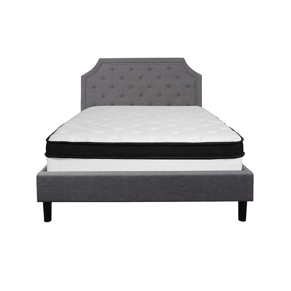 Brighton Queen Size Tufted Upholstered Platform Bed in Light Gray Fabric with Memory Foam Mattress
