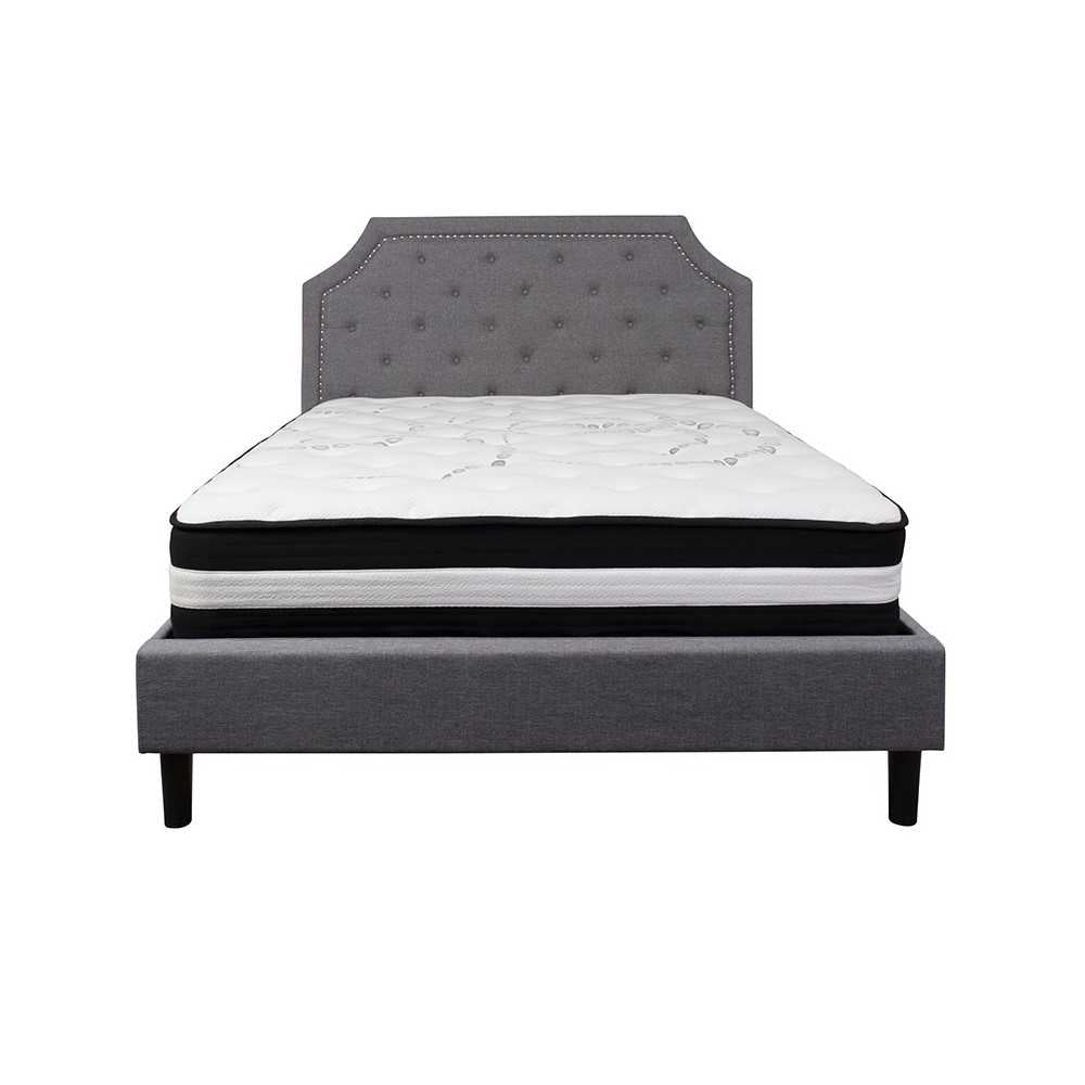 Brighton Queen Size Tufted Upholstered Platform Bed in Light Gray Fabric with Pocket Spring Mattress