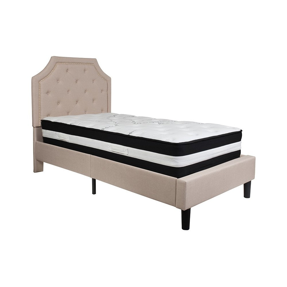Brighton Twin Size Tufted Upholstered Platform Bed in Beige Fabric with Pocket Spring Mattress