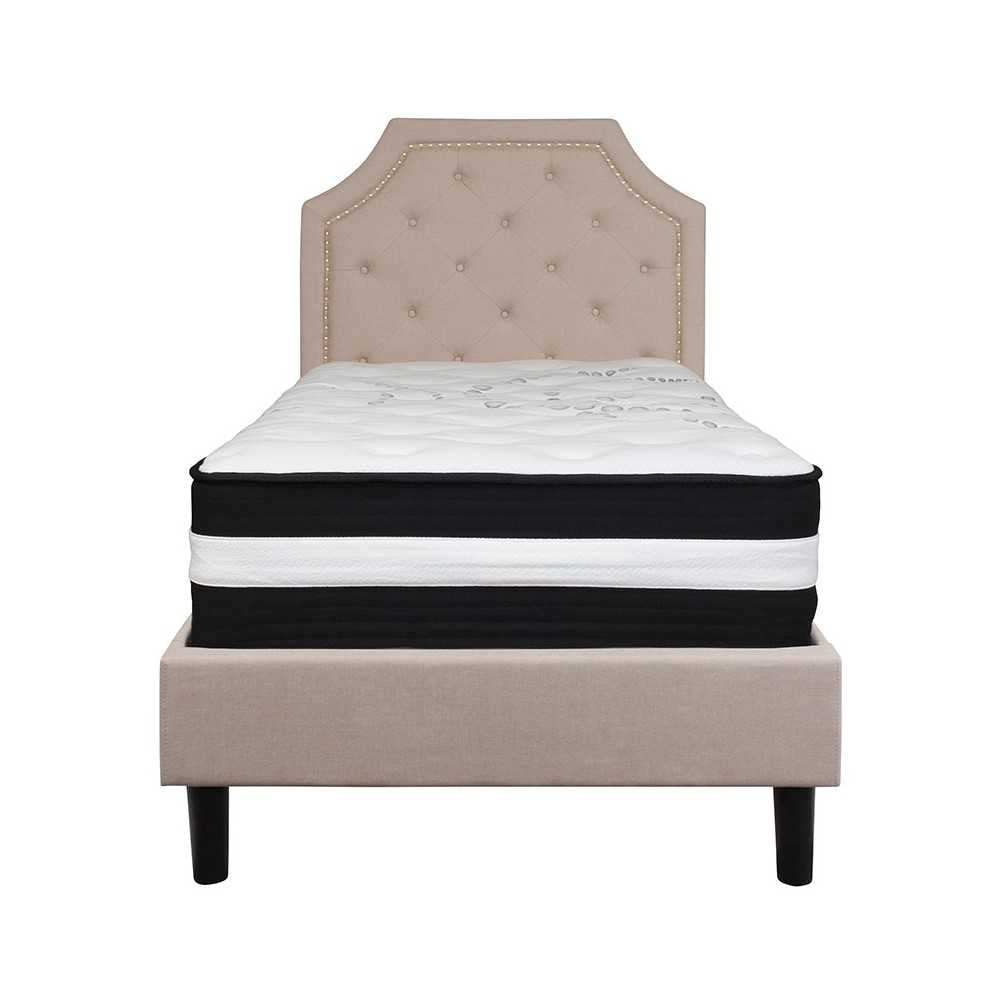 Brighton Twin Size Tufted Upholstered Platform Bed in Beige Fabric with Pocket Spring Mattress