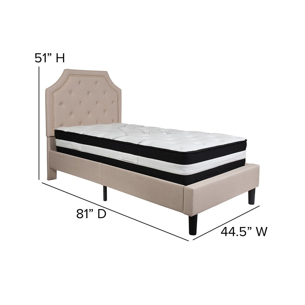 Brighton Twin Size Tufted Upholstered Platform Bed in Beige Fabric with Pocket Spring Mattress