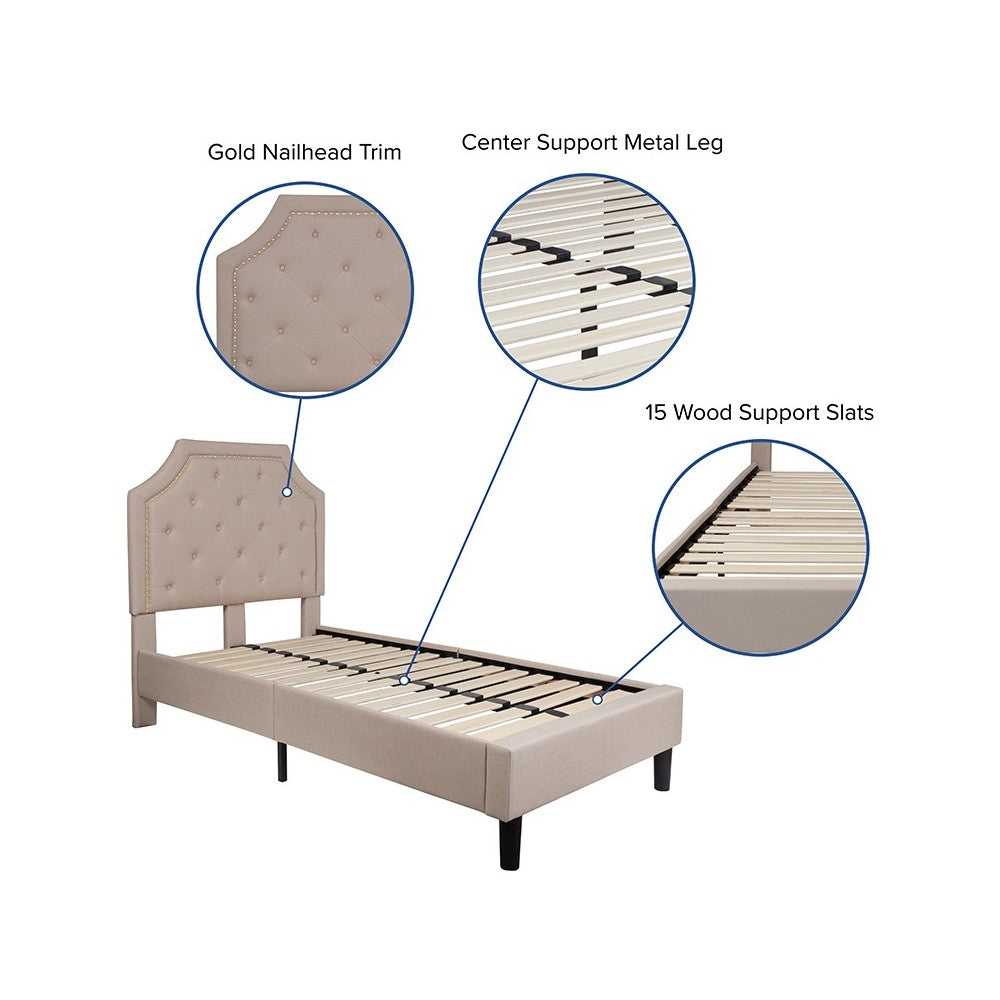 Brighton Twin Size Tufted Upholstered Platform Bed in Beige Fabric