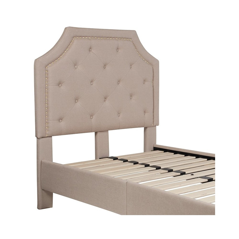 Brighton Twin Size Tufted Upholstered Platform Bed in Beige Fabric