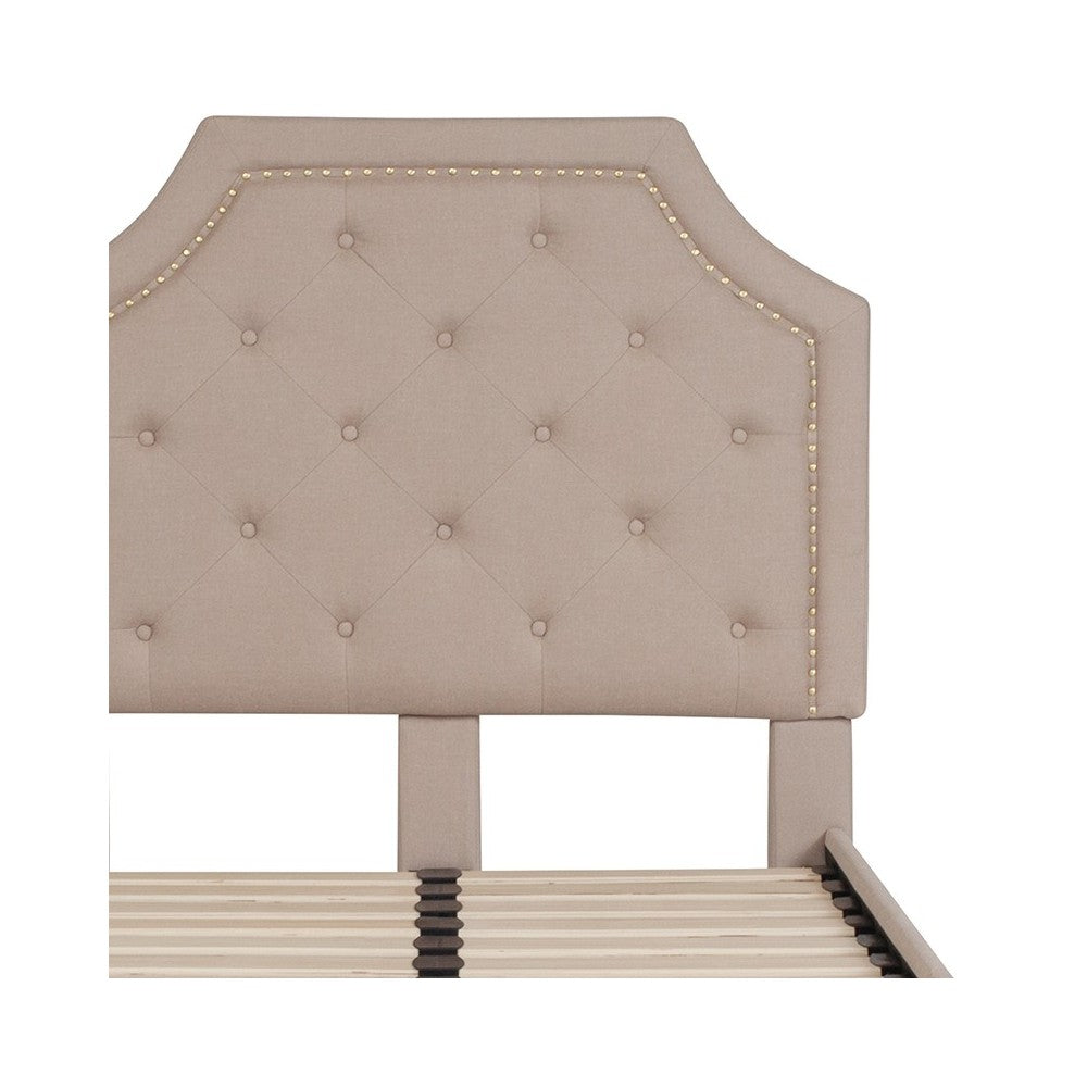 Brighton Twin Size Tufted Upholstered Platform Bed in Beige Fabric