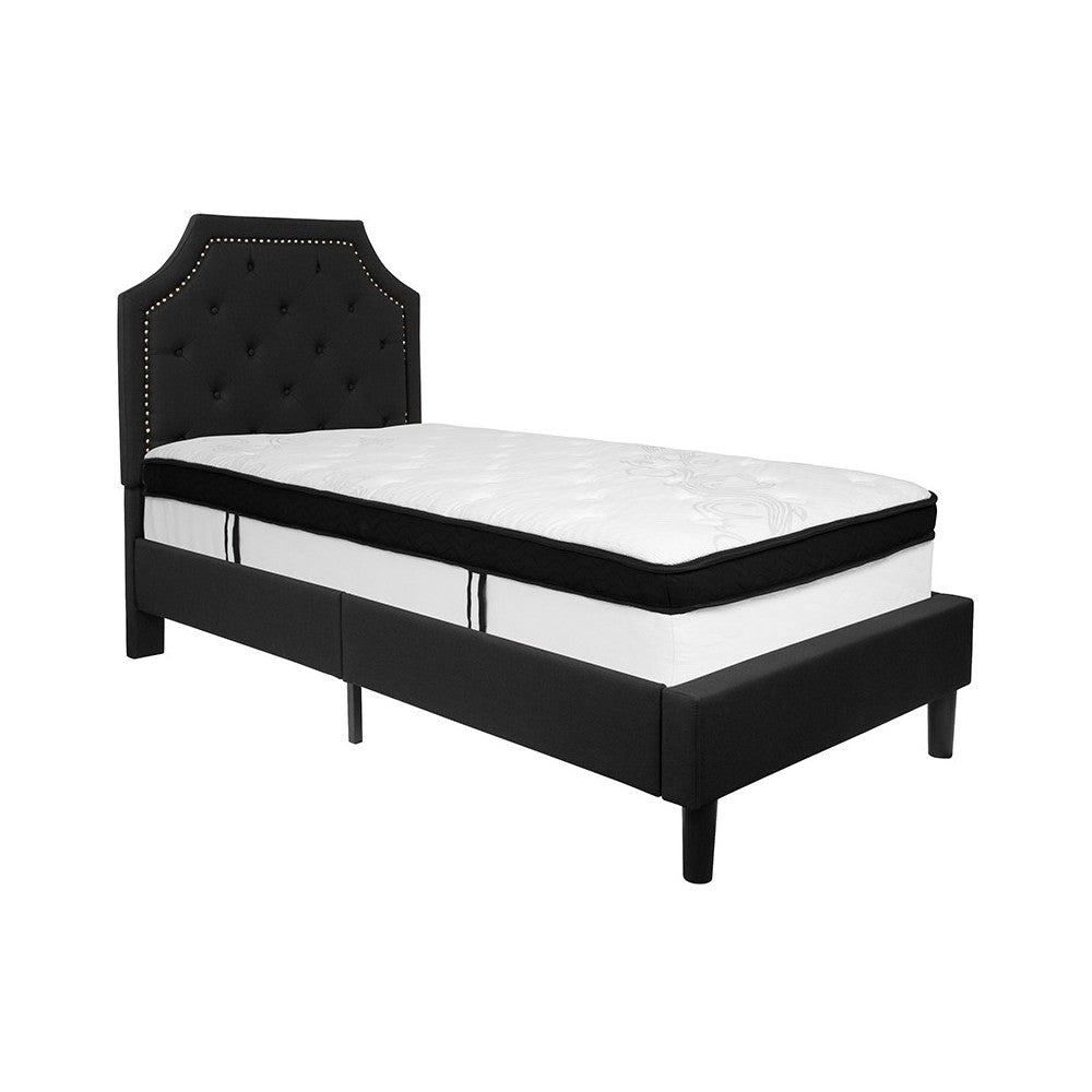 Brighton Twin Size Tufted Upholstered Platform Bed in Black Fabric with Memory Foam Mattress