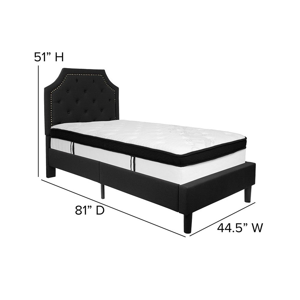 Brighton Twin Size Tufted Upholstered Platform Bed in Black Fabric with Memory Foam Mattress