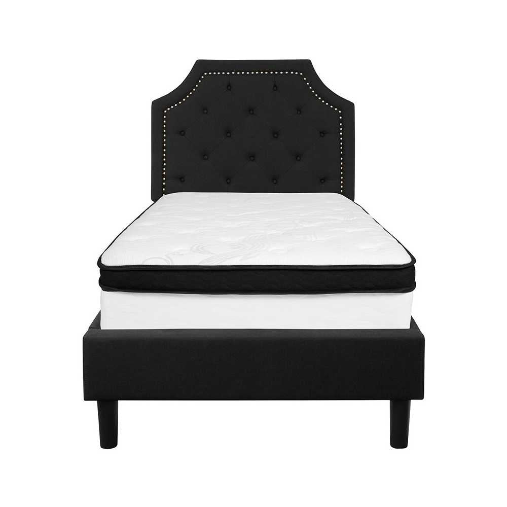 Brighton Twin Size Tufted Upholstered Platform Bed in Black Fabric with Memory Foam Mattress