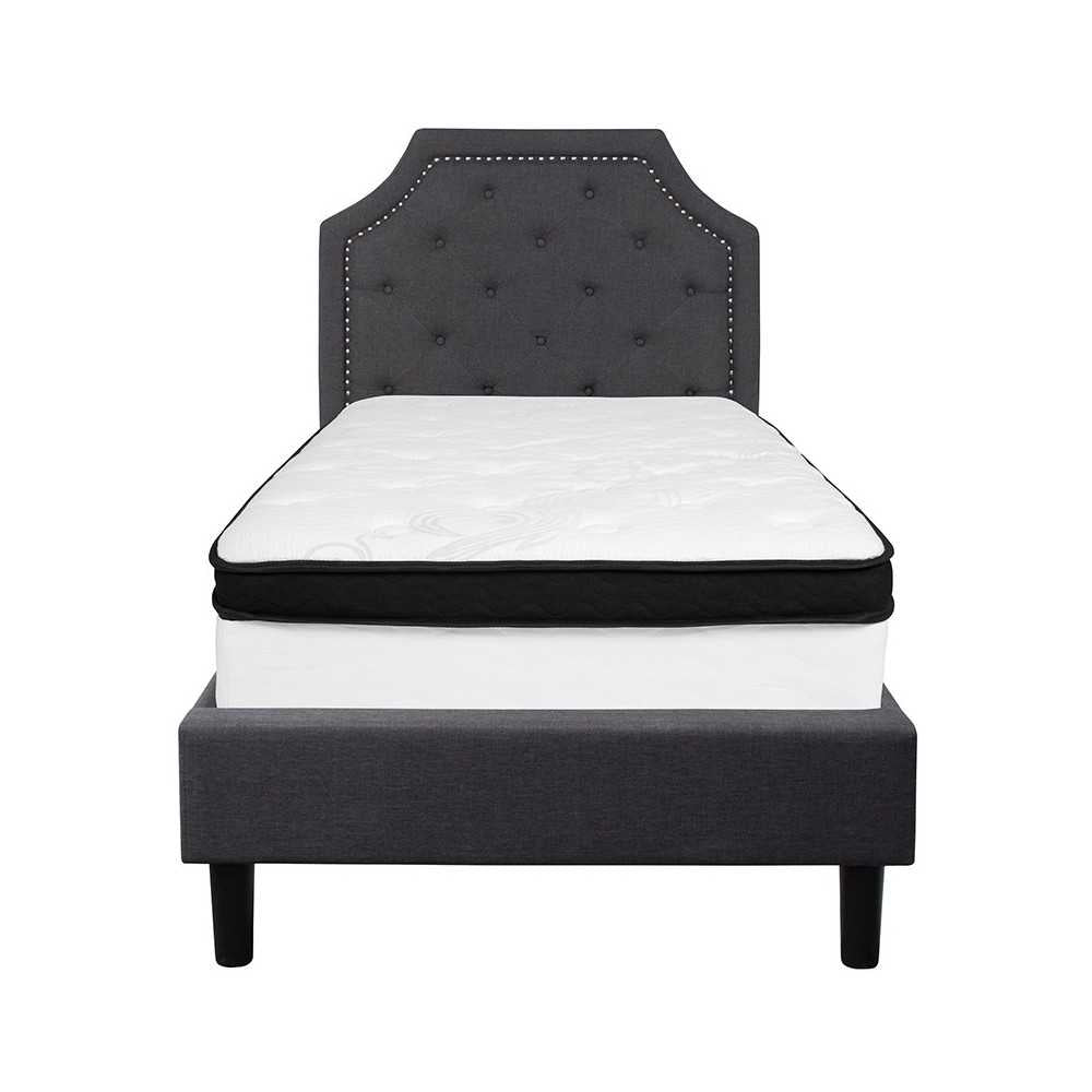 Brighton Twin Size Tufted Upholstered Platform Bed in Dark Gray Fabric with Memory Foam Mattress