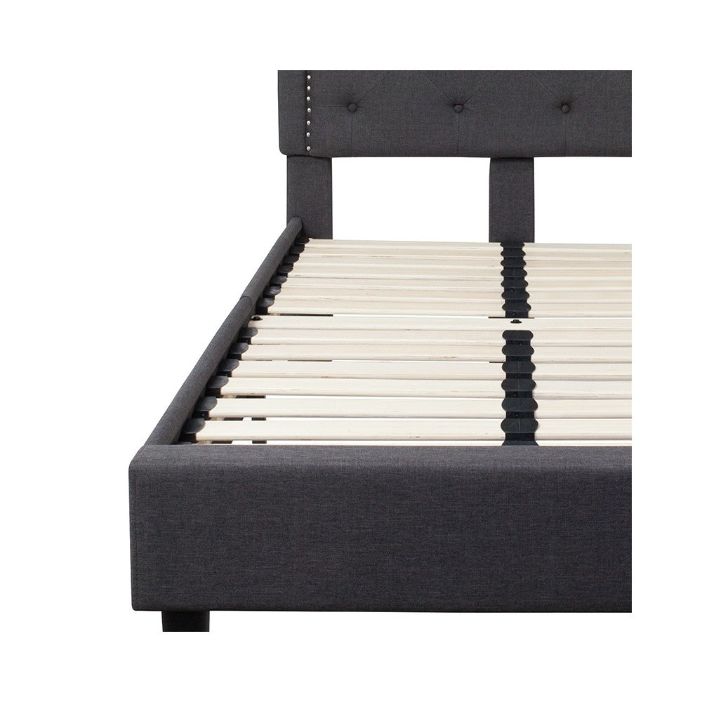 Brighton Twin Size Tufted Upholstered Platform Bed in Dark Gray Fabric