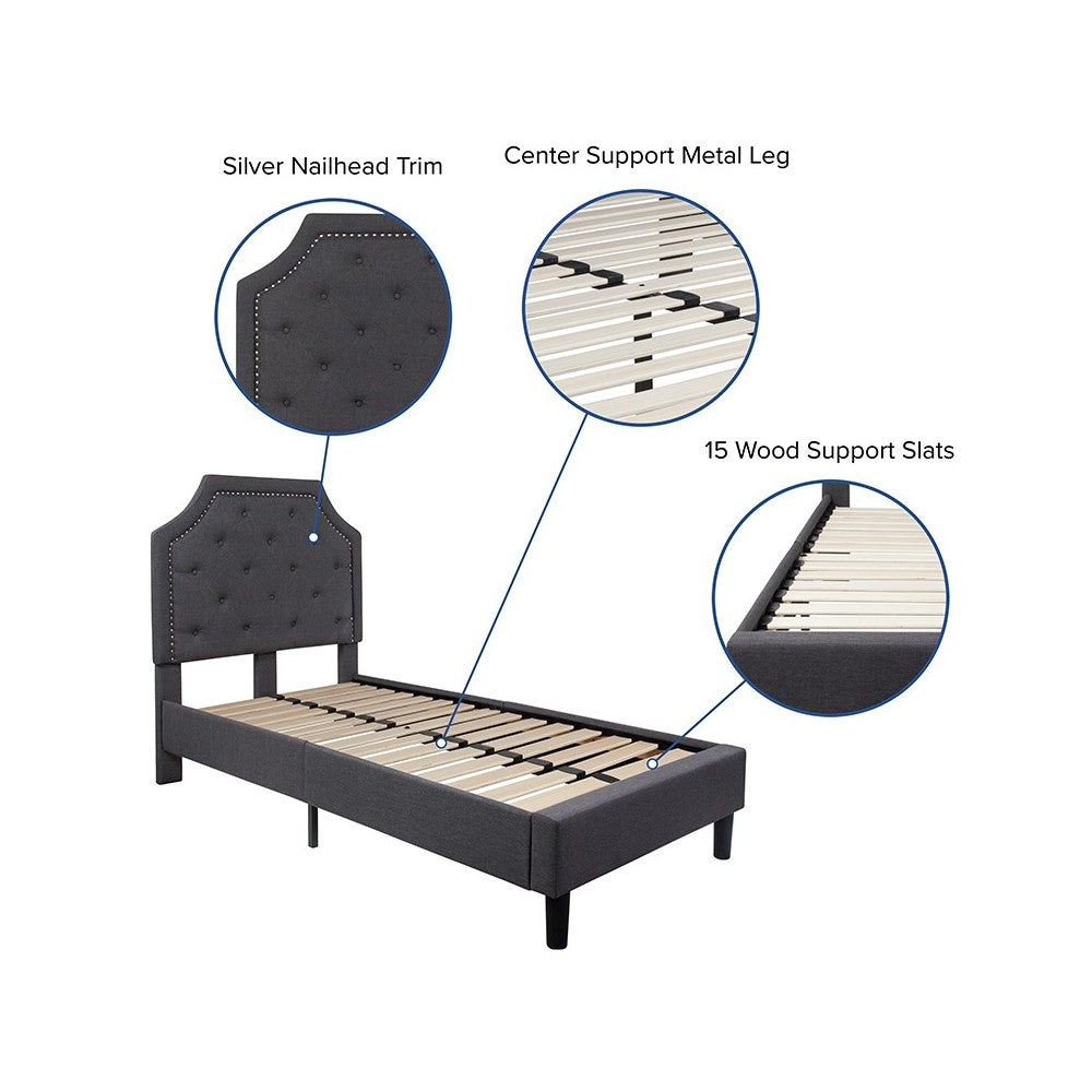 Brighton Twin Size Tufted Upholstered Platform Bed in Dark Gray Fabric