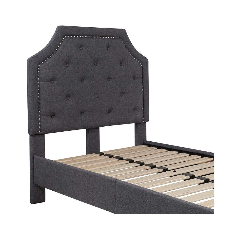 Brighton Twin Size Tufted Upholstered Platform Bed in Dark Gray Fabric